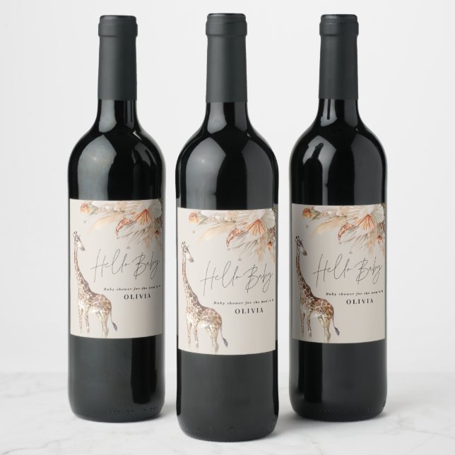 Botanical pampas grass modern giraffe safari chic wine label (Bottles)