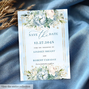 Botanical Pastel Blue White Gold Floral Save Date Invitation