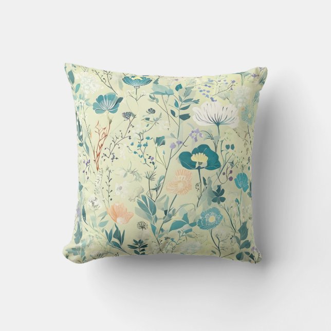 Botanical Pastel Green Floral Throw Pillow (Front)