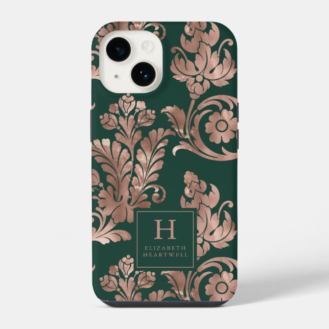 Botanical Pattern Monogram Rose Gold Emerald Green iPhone Case (Back)