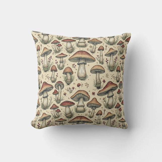 Botanical Pattern of Mushrooms in Brown and Beige  Cushion (Front)