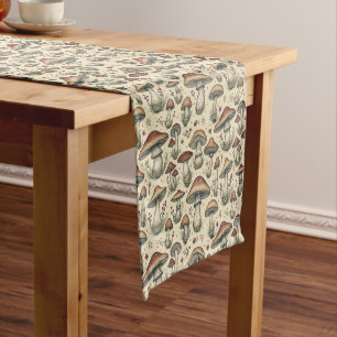 Botanical Pattern of Mushrooms in Brown and Beige Medium Table Runner