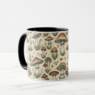 Botanical Pattern of Mushrooms in Brown and Beige Mug