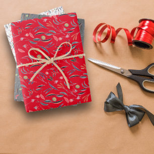 Botanical pattern red grey white wrapping paper
