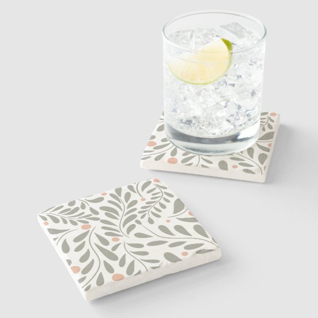 Botanical Pattern Sage green leaves Stone Coaster (Side)
