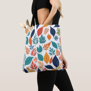 Botanical pattern with tropical leaves on white tote bag