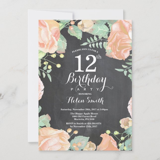 Botanical Peach Floral 12th Birthday Invitation (Front)
