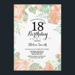Botanical Peach Floral 18th Birthday Invitation<br><div class="desc">Botanical Peach Floral 18th Birthday Invitation. Floral Pink Peonies Birthday Invitation for Women. Watercolor Floral Flower. Elegant Pink Rose and Peony Flowers. Adult Birthday. White Background. Black and White. 13th 15th 16th 18th 20th 21st 30th 40th 50th 60th 70th 80th 90th 100th, Any Ages. For further customisation, please click the...</div>