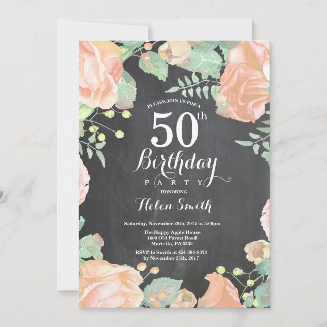 Botanical Peach Floral 50th Birthday Invitation (Front)