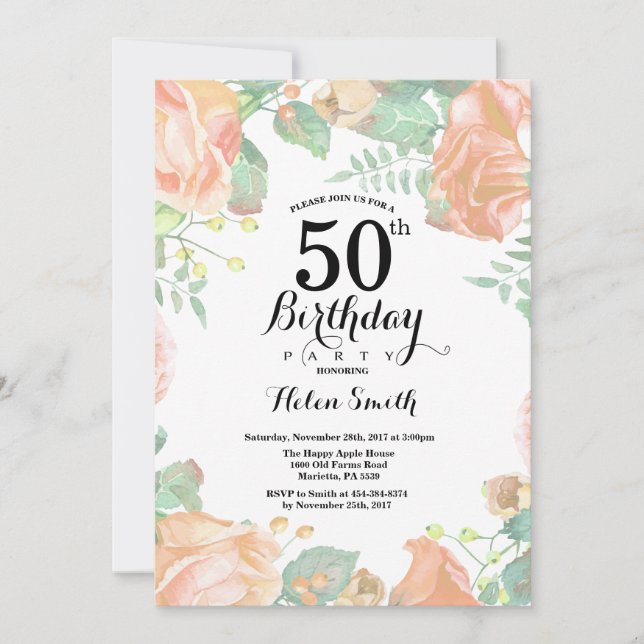 Botanical Peach Floral 50th Birthday Invitation (Front)
