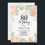 Botanical Peach Floral 80th Birthday Invitation<br><div class="desc">Botanical Peach Floral 80th Birthday Invitation. Floral Pink Peonies Birthday Invitation for Women. Watercolor Floral Flower. Elegant Pink Rose and Peony Flowers. Adult Birthday. White Background. Black and White. 13th 15th 16th 18th 20th 21st 30th 40th 50th 60th 70th 80th 90th 100th, Any Ages. For further customisation, please click the...</div>