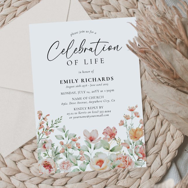 Botanical Peach Floral Celebration of Life Invitation (Creator Uploaded)