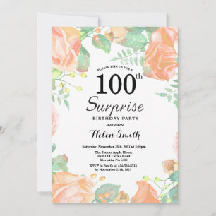 Botanical Peach Floral Surprise 100th Birthday Invitation