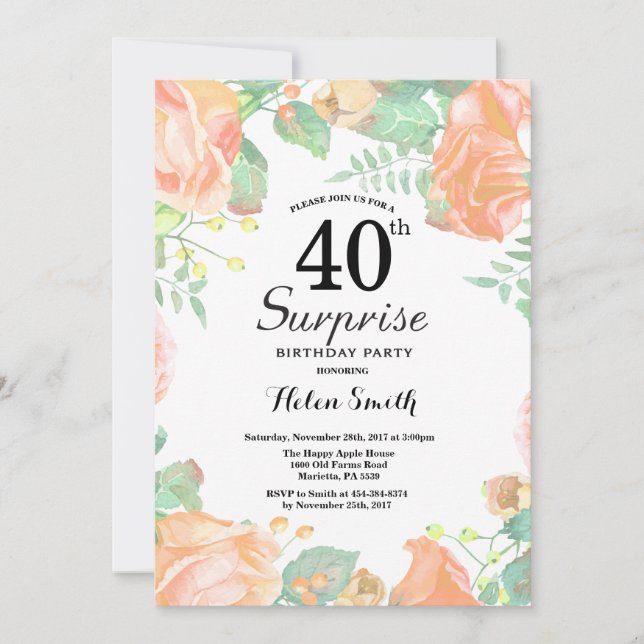 Botanical Peach Floral Surprise 40th Birthday Invitation (Front)