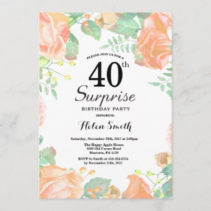 Botanical Peach Floral Surprise 40th Birthday Invitation
