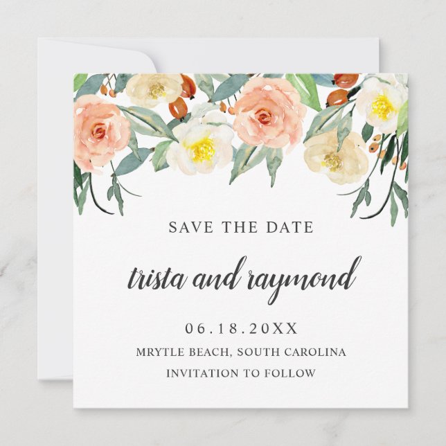 Botanical Peach Floral Watercolor Roses Save The Date (Front)
