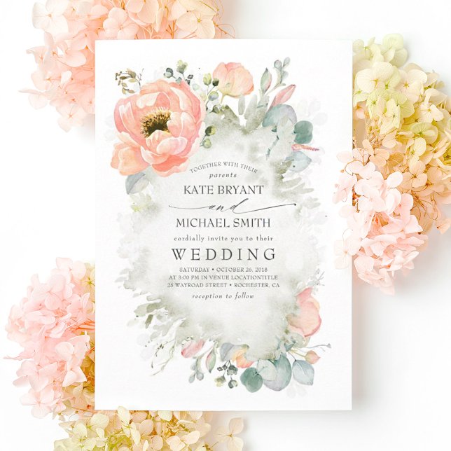 Botanical Peach Flowers Elegant Garden Wedding Invitation (Creator Uploaded)