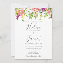 Botanical Peach Purple Flowers Wedding Invitation