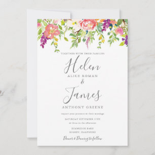Botanical Peach Purple Flowers Wedding Invitation