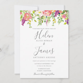 Botanical Peach Purple Flowers Wedding Invitation
