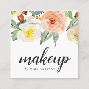 Botanical Peach Watercolor Floral Makeup Artist Square Business Card