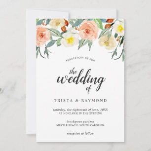 Botanical Peach Watercolor Roses Floral Wedding Invitation