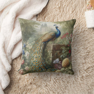Botanical: peacock near castle in English garden  Cushion