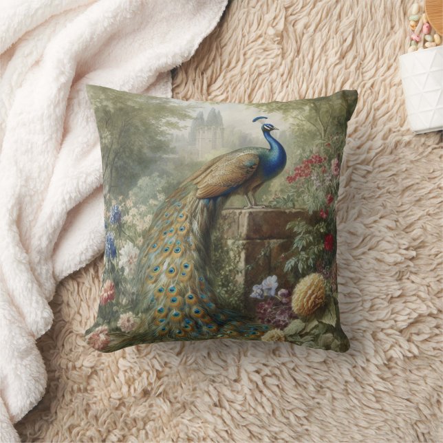 Botanical: peacock near castle in English garden  Cushion (Blanket)