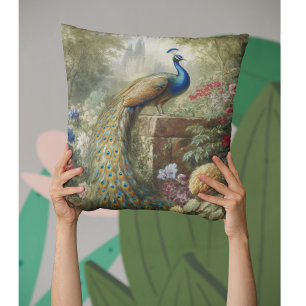 Botanical: peacock near castle in English garden Cushion