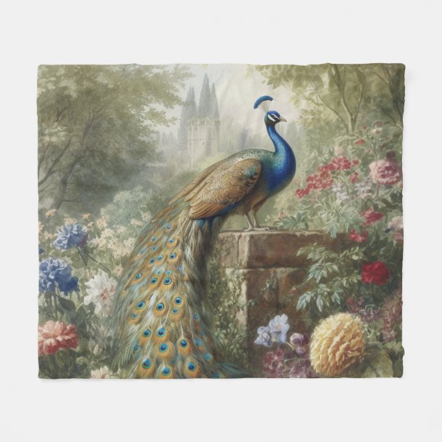 Botanical: peacock near castle in English garden  Fleece Blanket (Front (Horizontal))