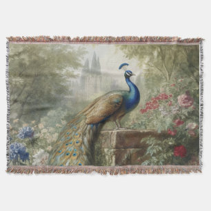 Botanical: peacock on stairs in an English garden Throw Blanket