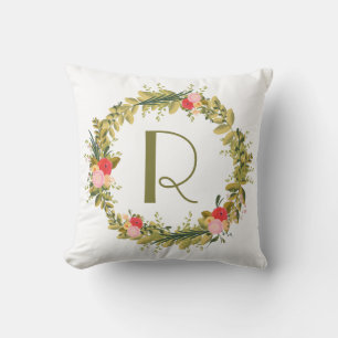 Botanical Peonies Floral Wreath Monogram Pillow