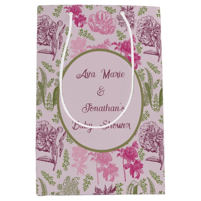 Botanical Peony Eucalyptus Girl Baby Shower  Medium Gift Bag (Front)