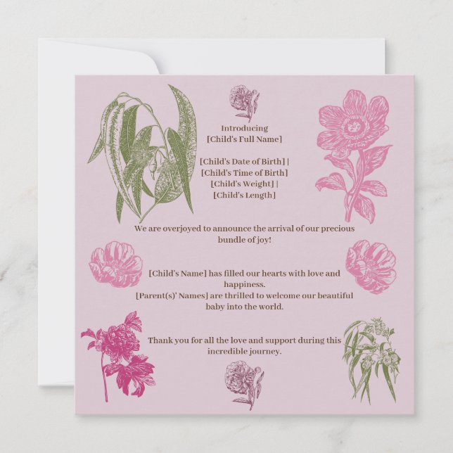 Botanical Peony Eucalyptus Girl Birth Announcement (Front)