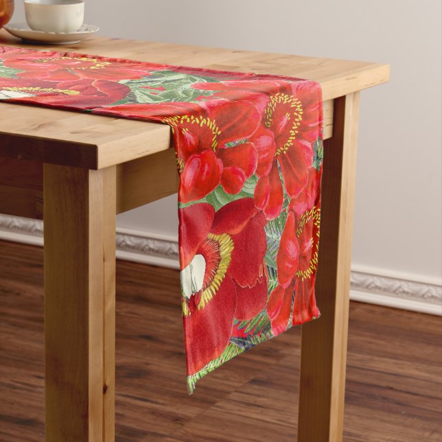 Botanical Peony Flowers Fern Leaves Table Runner (In Situ)