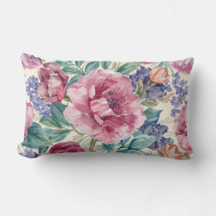 Botanical Peony Watercolor Lavender Blooms Floral Lumbar Cushion
