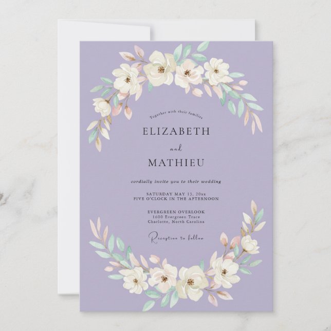 Botanical Periwinkle Mint Wreath Wedding Invitation (Front)