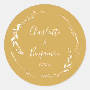 Botanical Personalised Script Wedding Names Yellow Classic Round Sticker