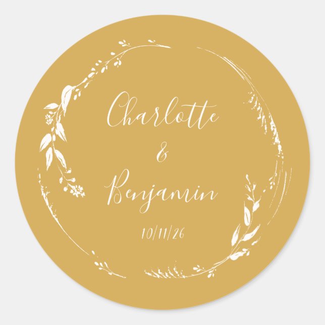 Botanical Personalised Script Wedding Names Yellow Classic Round Sticker (Front)