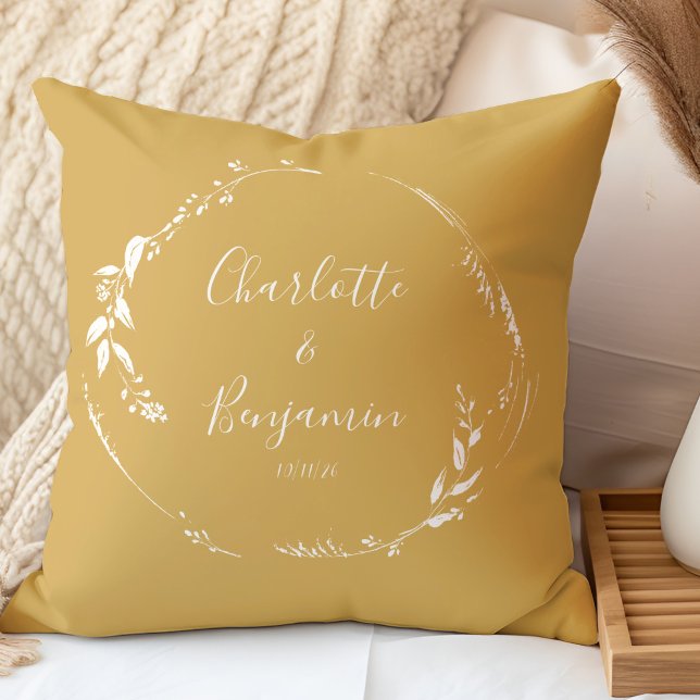 Botanical Personalised Script Wedding Names Yellow Cushion (Creator Uploaded)