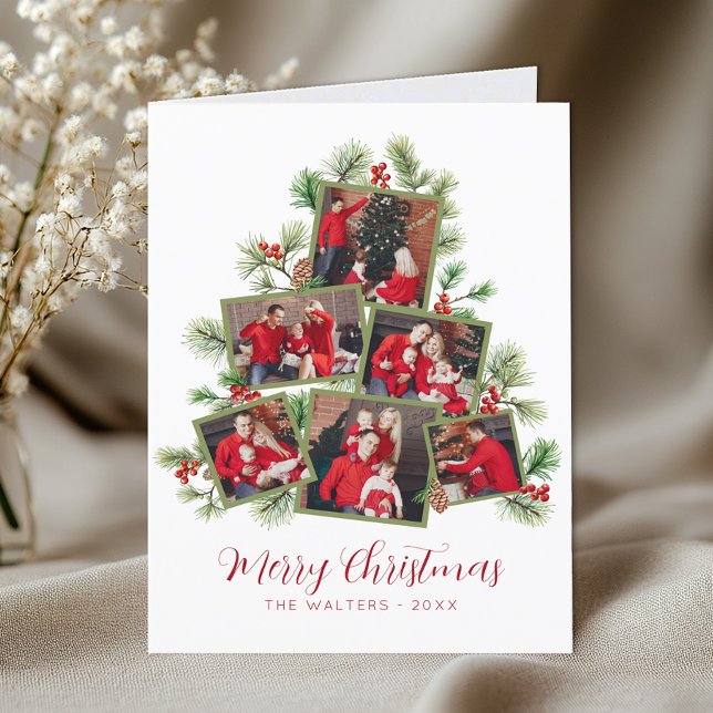 Botanical Photo Collage Christmas Holiday Card (Family Christmas Tree Photo Collage)