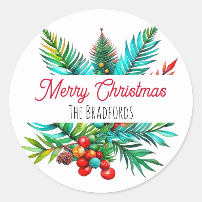 Botanical Pine Merry Christmas Personalised Classic Round Sticker (Front)