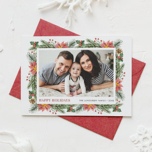 Botanical Pine Needles and Poinsettia Photo Holiday Card