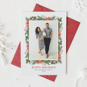 Botanical Pine Needles and Poinsettia Photo Holiday Card