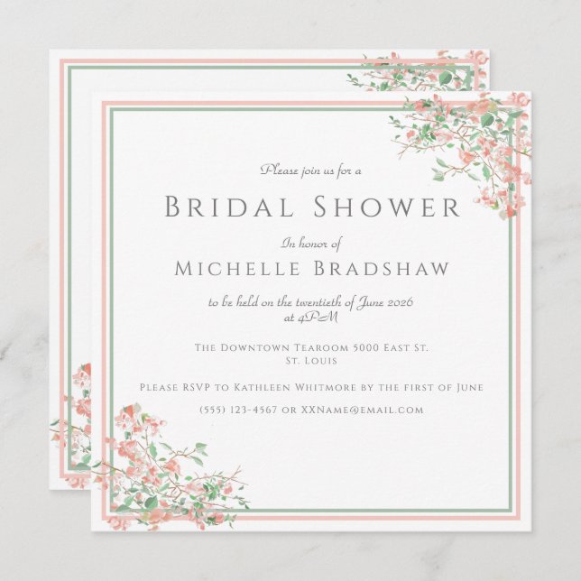 Botanical Pink and Green Boho Bridal Shower Invitation (Front/Back)