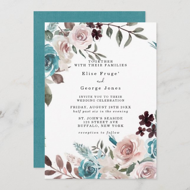 Botanical Pink and Teal Watercolor Peony Wedding  Invitation (Front/Back)