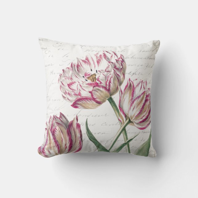 Botanical Pink and White Tulip Illustration Cushion (Front)