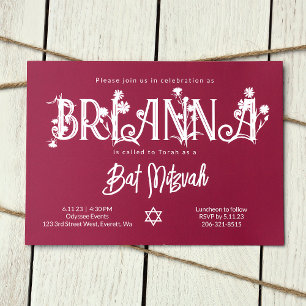 Botanical Pink Bat Mitzvah Floral Letters Invitation