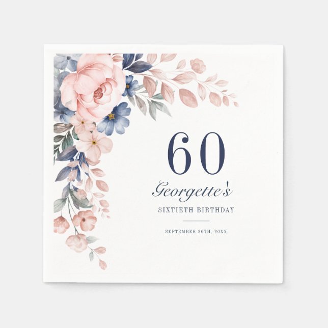 Botanical Pink Blue Floral Script 60th Birthday Napkin (Front)