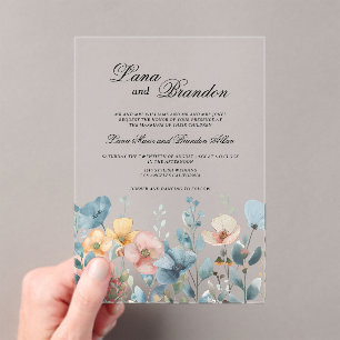 Botanical pink blue spring wildflowers wedding  acrylic invitations